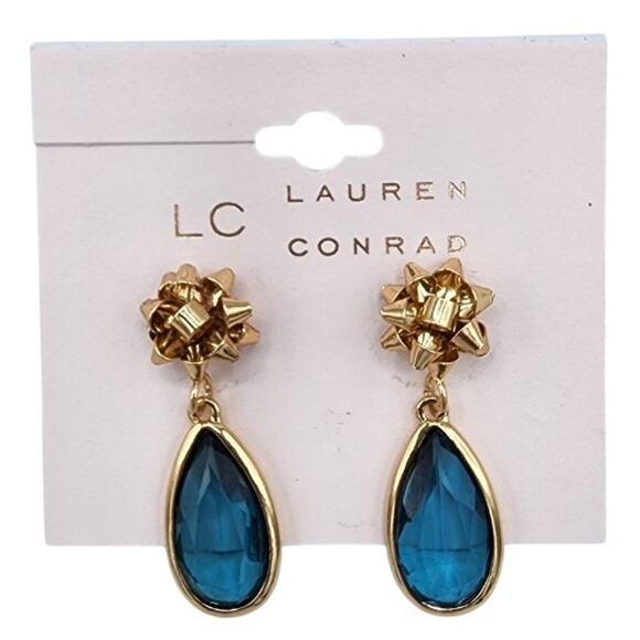 Lauren Conrad Jewelry - NEW Lauren Conrad LC Gold Tone Gift Bow Blue Teardrop Stone Gem Pierced Earrings